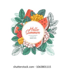 Fresh watermelon, ice cream and florals design template. Vector illustration