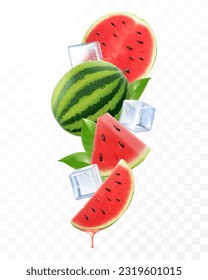 Fresh watermelon with ice cubes falling or flying. Composition of elements watermelon with leaves, half and slices of watermelon, 3D realistic vector illustration isolated on transparent background