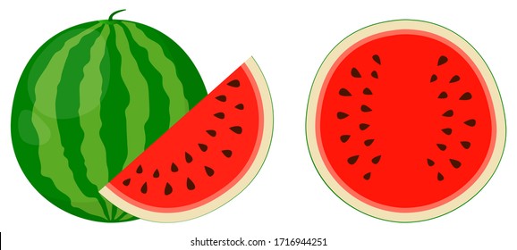 Fresh watermelon. Isolated icons. Half and whole watermelon berry on white background. Flat vector illustration.