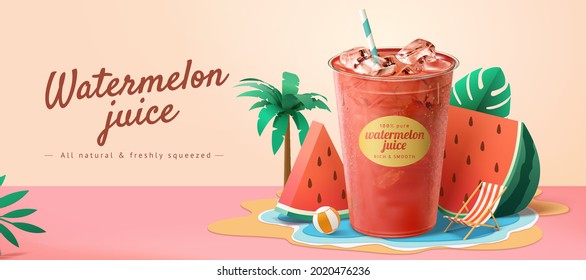 Fresh watermelon juice ad banner template. 3d illustration of plastic takeaway cup with paper cut watermelon slices and beach theme decoration.