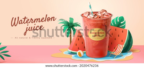 Fresh watermelon juice ad banner template. 3d\
illustration of plastic takeaway cup with paper cut watermelon\
slices and beach theme\
decoration.