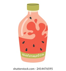 Fresh watermelon juice in a glass bottle. Natural healthy fruit drink. Cooling summer red beverage jar. Flat style vector illustration on a white background.