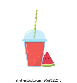 Fresh Watermelon Juice in Glass with Cap. Slice Berry and Ice Fruit Cocktails in Plastic Cup with Straw. Watermelon Fresh Lemonade Illustration. Isolated Vector.