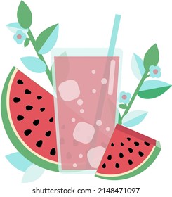 Fresh watermelon juice illustration of glassful with watermelon slices and beach theme decoration.