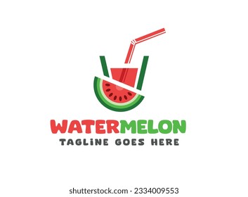 fresh watermelon juice logo design template ,  watermelon slice logo vector for juice shop, refreshing juice , sweet juice, glass with pipe