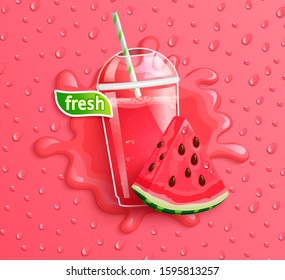 Fresh watermelon juice with slice berry, splash and delicious drops on background Vector illustration.