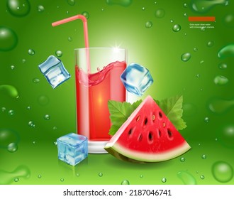 Fresh watermelon juice with slice berry, drinking glass and straw on grreen background with drops and ice cubes. Watermelon beverage