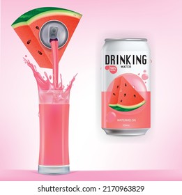 Frische Wassermelonsaft Softdrink mit Deckel Aluminium Dose und trinken Stroh. Einzeln auf weißem Hintergrund. Konzept für gesundes Fruchtgetränk. Realistische Vektorgrafik.