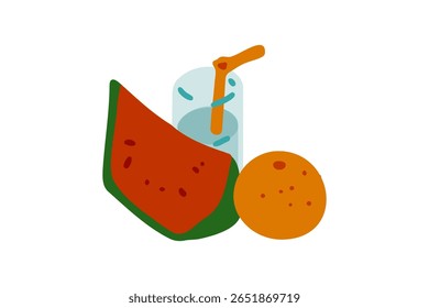 Bebida De Melancia Fresca De Laranja. Fatia de melancia, laranja inteira, e uma bebida refrescante com uma palha em estilo plano. Paleta de cores brilhante do verão no fundo branco.