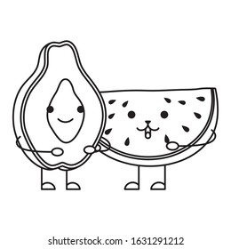 fresh watermelon and papaya kawaii characters vector illustration design
