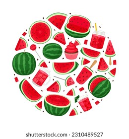 Fresh Watermelon Round Composition Design with Juicy Red Fruit Vector Template