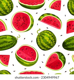 Fresh Watermelon Seamless Pattern Design with Juicy Red Fruit Vector Template
