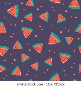 Fresh watermelon seamless pattern. Juicy red slices of watermelon with drops of juice isolated on dark background. Print for textile or wallpaper design. Doodle cartoon food pattern.