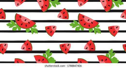  Fresh watermelon seamless vector pattern with slice and half. Texture background simple and stylized. Ideal for fabrics, packaging, wallpaper, invitations, wrapping paper.