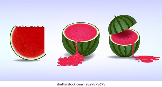 Fresh watermelon shown in different cut forms, including a watermelon slice, a halved watermelon, opened watermelon with juicy red pulp spilling onto the surface. Fresh fruit, summer food, sweetness, freshness, and healthy nutrition.
