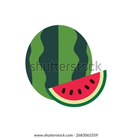 Fresh Watermelon and Slice Icon with Flat Design for Summer, Fruit, or Healthy Food Themes, Isolated Vector Graphic of Whole and Cut Watermelon with Green Rind and Red Flesh