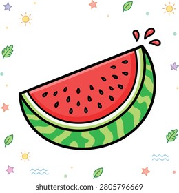 Fresh watermelon slice illustration with fruit juice splashes and icons watermelon refreshing tropical decorative illustration colorful summerfruit seasonal vegetarian nutrition vitamins