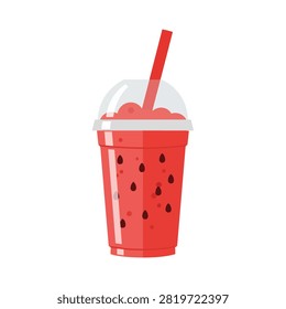 Fresh Watermelon Smoothie in Plastic Takeaway Cup with Straw and Dome Lid Isolated on White Background