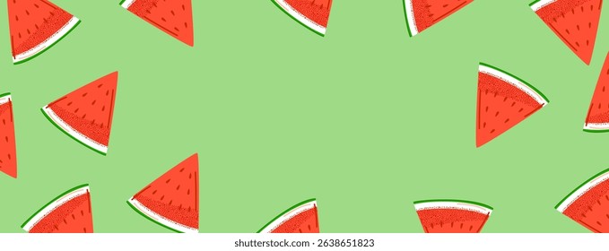Fresh watermelon summer background with slices on a green backdrop for banners, posters, and summer-themed designs