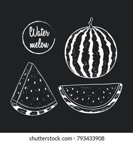fresh watermelon with two type of slice and using sketch style on chalkboard background