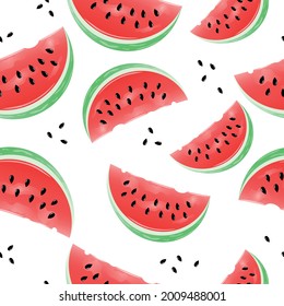 Fresh Watermelon vector seamless pattern. Vector watermelon pattern. Summer fruit with seeds texture on white background. Can be used for print or for website. wrapping paper, textile, banner or card.