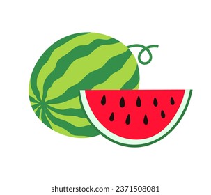 Frische Wassermelone im Ganzen und halbrunde Scheiben. Vektorgrafik, flach einzeln auf weißem Hintergrund.