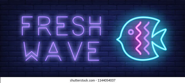 Fresh wave neon text and exotic fish. Tourism and vacation advertisement design. Night bright neon sign, colorful billboard, light banner. Vector illustration in neon style.