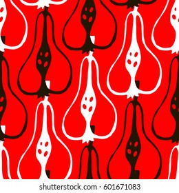 Fresh white and black pears on red background. Seamless pattern. Vector. Fabric. Packing. Illustration