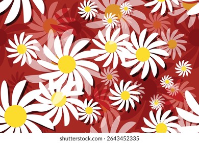 Fresh, white daisies on pastel Red background. Wild flowers. Meadow concept. Springtime. Bright colors. Mockup for special offers as advertising or other ideas. Flat lay.