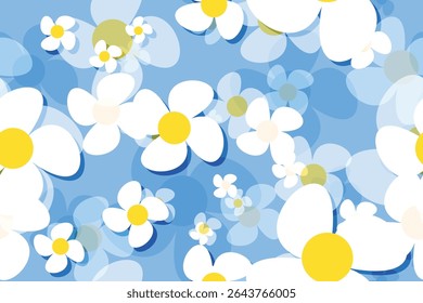 Fresh, white daisies on pastel Blue background. Wild flowers. Meadow concept. Springtime. Bright colors. Mockup for special offers as advertising or other ideas. Flat lay.