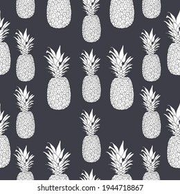Fresh White Pineapples Vector Repeat Seamless Pattern in Grey and White Colors. Great for fabric, print, packaging, wallpaper, invitations, giftwrap.