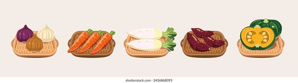 Rábano blanco fresco, zanahorias, cebolla, calabaza y batata colocados en cestas. Ilustración vectorial. Alimentos frescos, saludables y orgánicos.