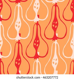 Fresh white and red pears on an orange-peach background. Seamless pattern. Vector. Fabric. Packing.