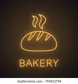 Fresh white round bread neon light icon. Bakery shop glowing sign. Vector isolated illustration