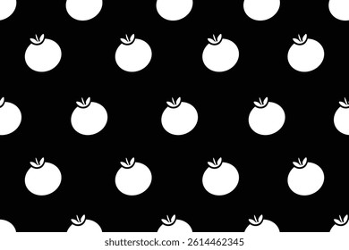 Fresh white tomato seamless pattern with solid design on a black background, perfect for food-related designs and packaging.