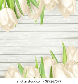 Fresh white tulips on wood planks. Place for text. EPS 10 vector file included
