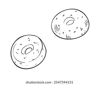 Bagel inteiro fresco com sésamo preto branco ilustração vetor isolado. Pão de rosca desenhado à mão por arte de linha de tinta . Esboço monocromático em anel de pão de contorno para sinalização de design, papel, padaria de embalagem.