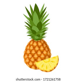 Frutos de piña enteros y cortados, aislados en fondo blanco. Frutas de verano para un estilo de vida saludable. Fruta orgánica. Estilo de caricatura. Ilustración vectorial para cualquier diseño.