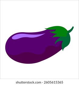 A fresh whole eggplant with deep purple glossy skin and a green stem, showcasing its smooth texture and vibrant color