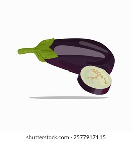 Fresh whole Eggplant and slices. Farm vegetable eggplant plant icon. Organic garden vegetarian food. Vector illustration isolated on white background.