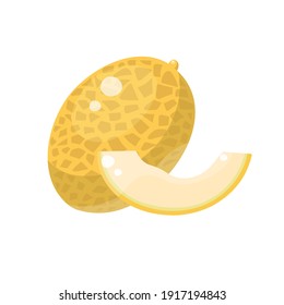 Fresh whole fruit and slice isolated on white background. Honeydew melon. Summer fruits for healthy lifestyle. Organic fruit. Cartoon style. Vector illustration for any design.