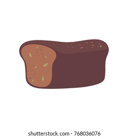 Fresh whole grain bread. Loaf of brick-bread with seeds and spices. Cartoon food illustration. Bakery products and baked goods. Flat vector