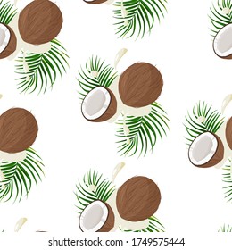 Fresh whole and a half coconut with green leaf background. Exotic seamless pattern.