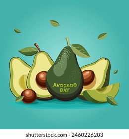 Fresh whole and half cut green avocado with leaves and text. Banner for Avocado Day. Side view vector clipart isolated on blue background. Summer food illustration in flat style for design for party