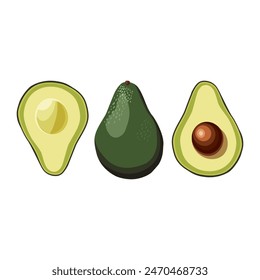 Aguacate verde fresco entero y medio cortado sin semillas aislado sobre fondo blanco. Clipart del Vector de visión lateral. Ilustración de comida de verano en estilo plano para diseño de tarjeta, Anuncio, cartel para fiesta