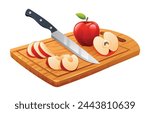 Fresh whole, half and cut slices apple fruits with knife on cutting board. Vector illustration