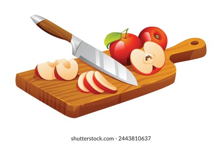 Fresh whole, half and cut slices apple fruits with knife on cutting board. Vector cartoon illustration