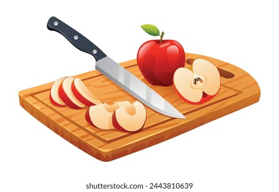 Fresco entero, medio y corte en rodajas de frutas de manzana con cuchillo en la tabla de cortar. Ilustración de vector