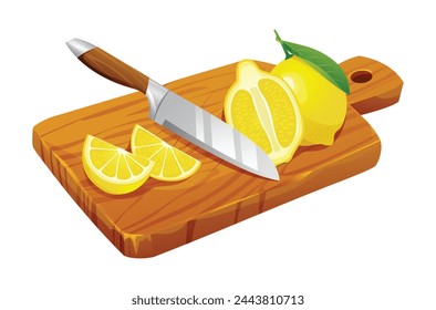 Fresh whole, half and cut slices lemon with knife on wooden cutting board. Vector cartoon illustration