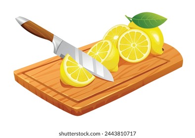Fresh whole, half and cut slices lemon with knife on wooden cutting board. Vector illustration